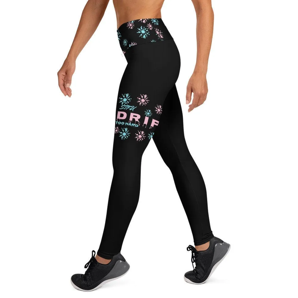 STFU Drip Too Hard Trim Yoga Leggings - Blue & Pink on Black