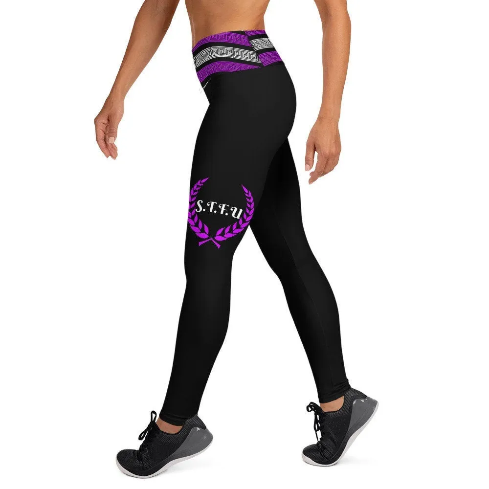 STFU Greek Trim Yoga Leggings - Purple & White on Black