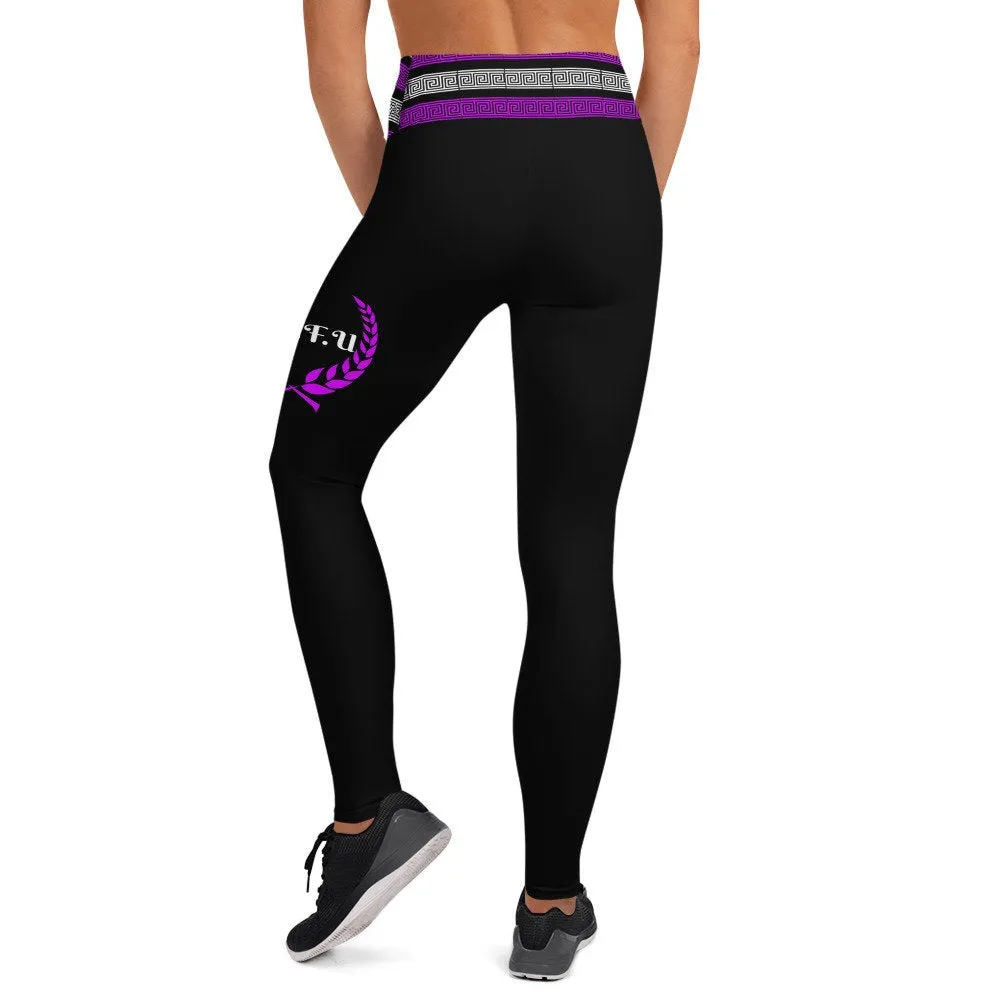 STFU Greek Trim Yoga Leggings - Purple & White on Black