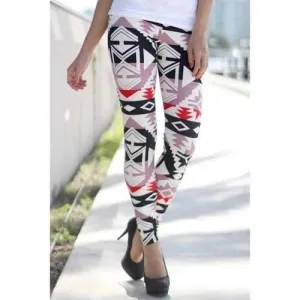 Stylish Geometric Print Elastic Waist Women's Stretchy Leggings - Red M
