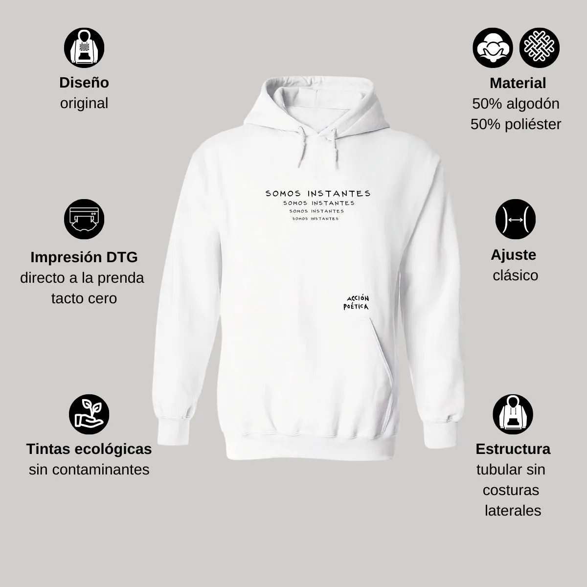 Sudadera Hombre Hoodie Acción Poética Somos Instantes