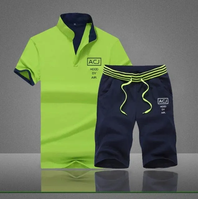 Summer Men Sportsuits Set 2019 Mens Stand Collar Fashion 2 Pieces T-shirt Shorts Tracksuit Brand Fitness Suits 2PC Top Short Set