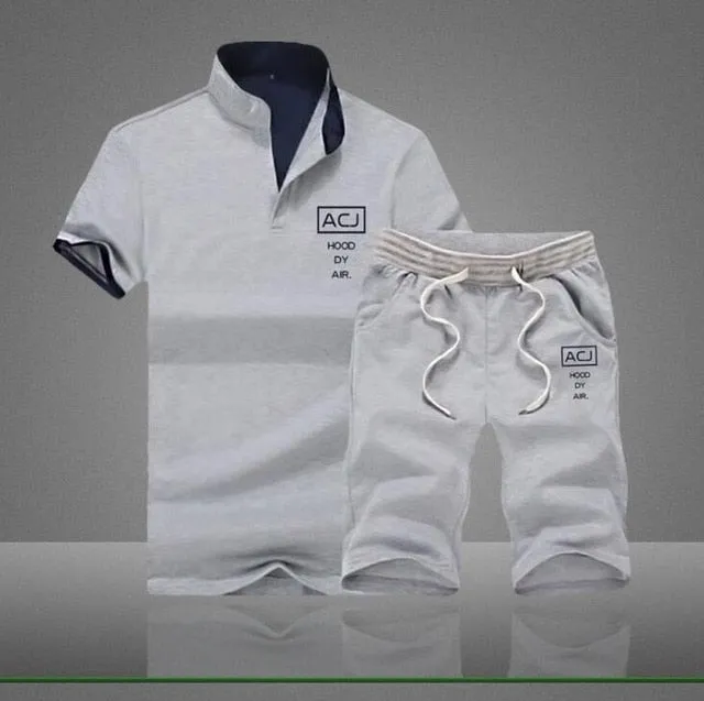 Summer Men Sportsuits Set 2019 Mens Stand Collar Fashion 2 Pieces T-shirt Shorts Tracksuit Brand Fitness Suits 2PC Top Short Set