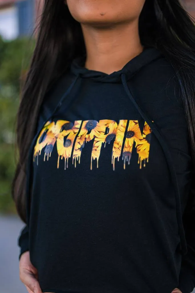 Sunflower Drippin | Black Crop Top Hoodie