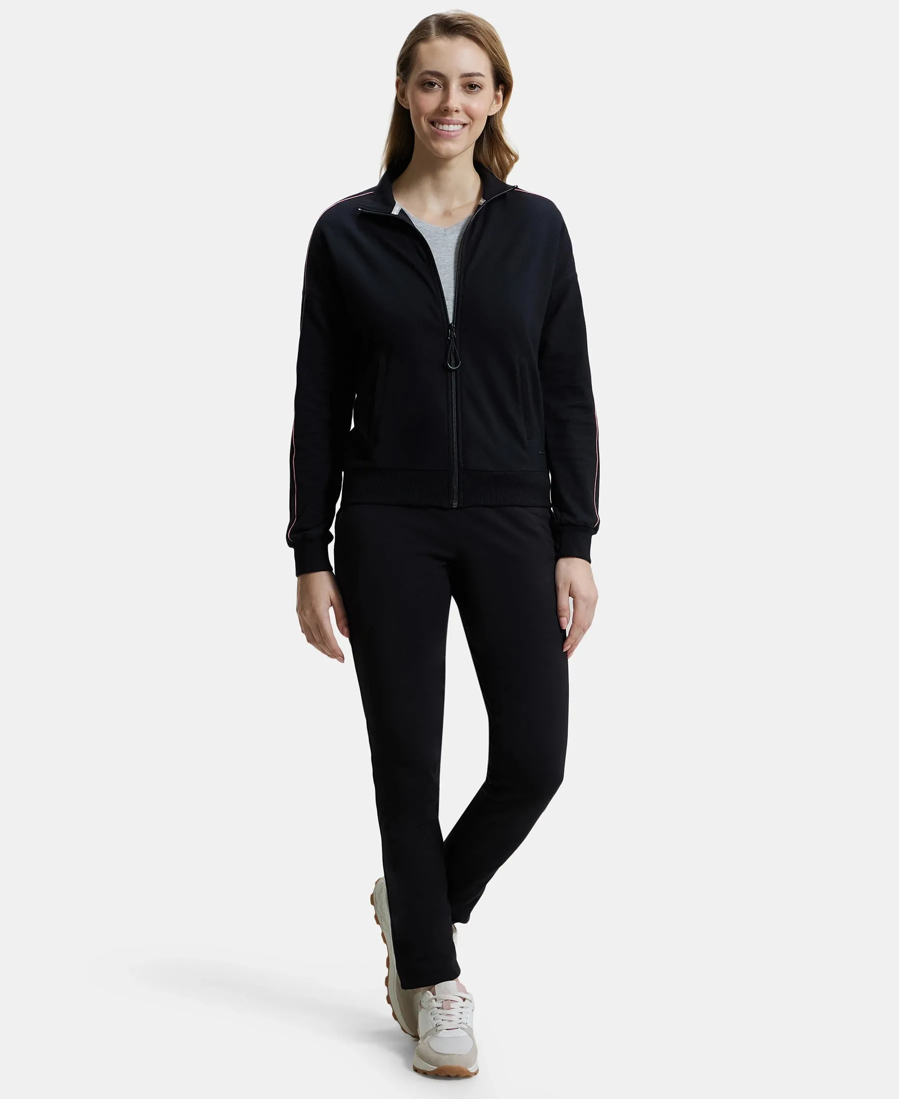 Super Combed Cotton French Terry Drop Shoulder Styled Jacket with Ribbed Cuff and Hem - Black