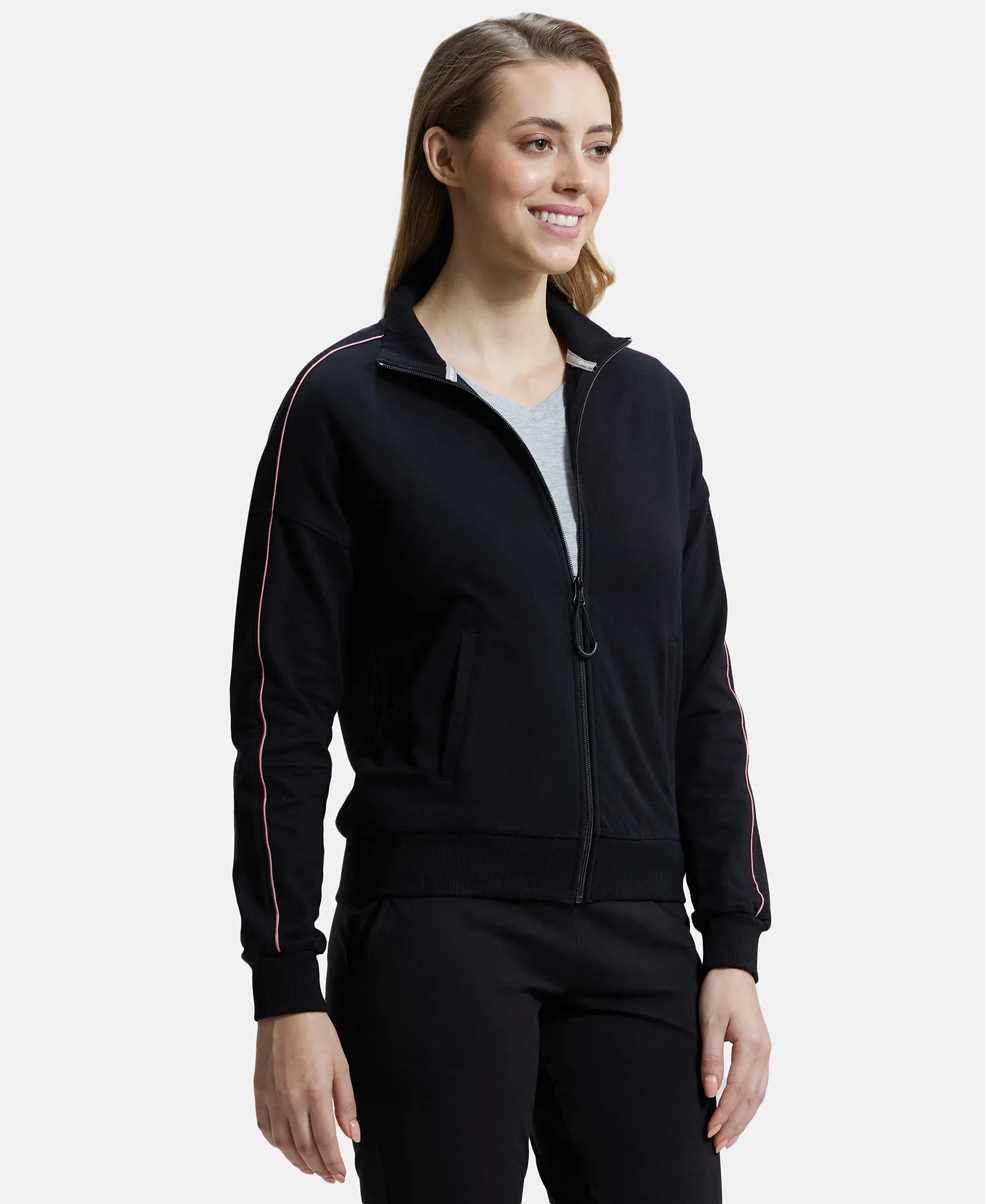 Super Combed Cotton French Terry Drop Shoulder Styled Jacket with Ribbed Cuff and Hem - Black