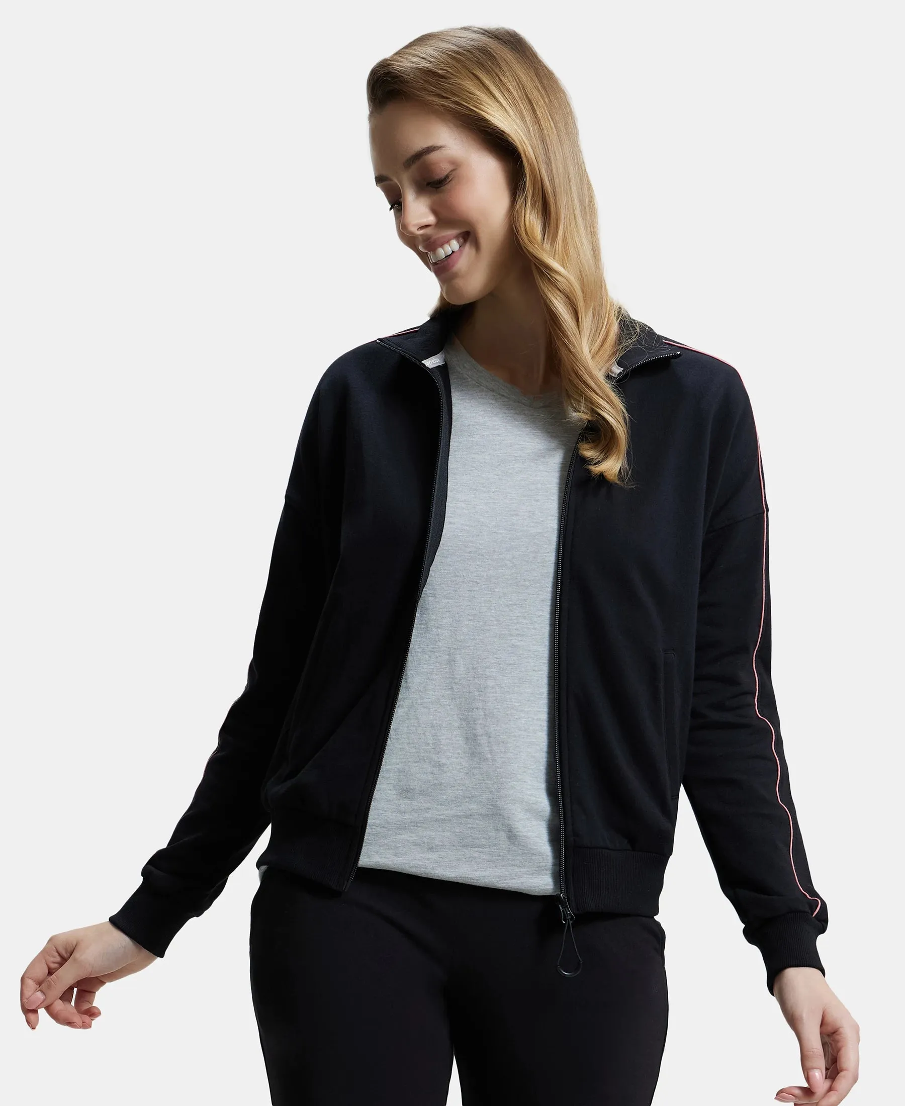Super Combed Cotton French Terry Drop Shoulder Styled Jacket with Ribbed Cuff and Hem - Black