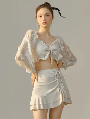 Sweet Lolita Outfits Ecru White Ruffles Butterfly Long Sleeves Top Pants