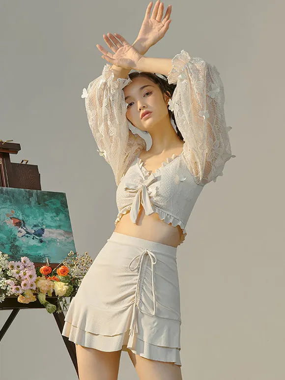 Sweet Lolita Outfits Ecru White Ruffles Butterfly Long Sleeves Top Pants