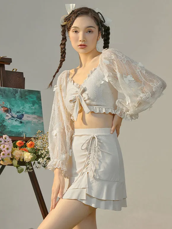 Sweet Lolita Outfits Ecru White Ruffles Butterfly Long Sleeves Top Pants