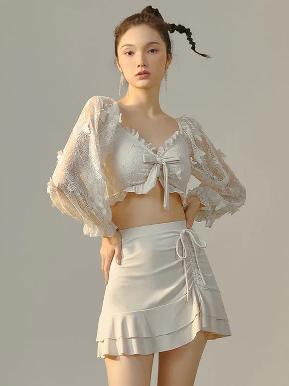 Sweet Lolita Outfits Ecru White Ruffles Butterfly Long Sleeves Top Pants