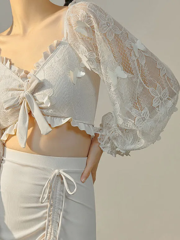 Sweet Lolita Outfits Ecru White Ruffles Butterfly Long Sleeves Top Pants