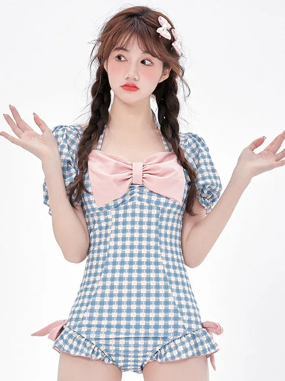 Sweet Lolita Outfits Light Sky Blue Plaid Bows Ruffles Short Sleeves Jumpsuit