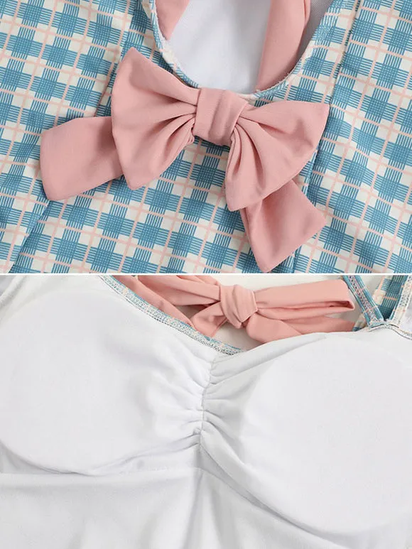 Sweet Lolita Outfits Light Sky Blue Plaid Bows Ruffles Short Sleeves Jumpsuit