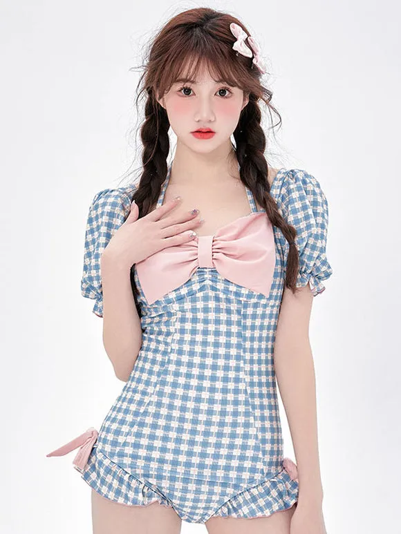 Sweet Lolita Outfits Light Sky Blue Plaid Bows Ruffles Short Sleeves Jumpsuit