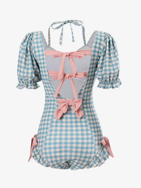 Sweet Lolita Outfits Light Sky Blue Plaid Bows Ruffles Short Sleeves Jumpsuit