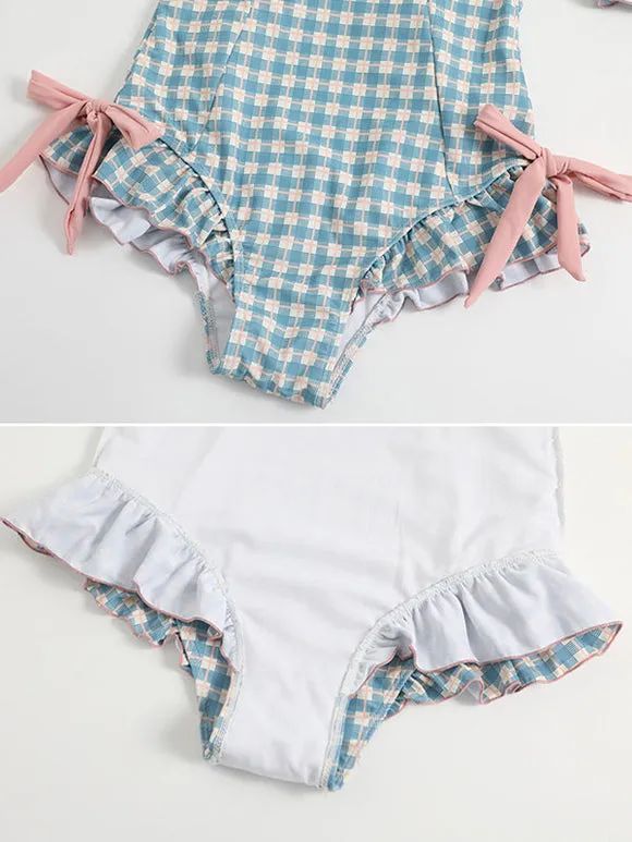 Sweet Lolita Outfits Light Sky Blue Plaid Bows Ruffles Short Sleeves Jumpsuit