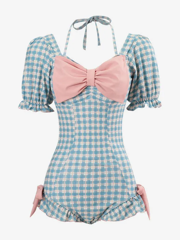 Sweet Lolita Outfits Light Sky Blue Plaid Bows Ruffles Short Sleeves Jumpsuit