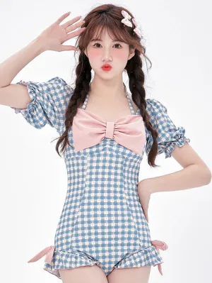 Sweet Lolita Outfits Light Sky Blue Plaid Bows Ruffles Short Sleeves Jumpsuit