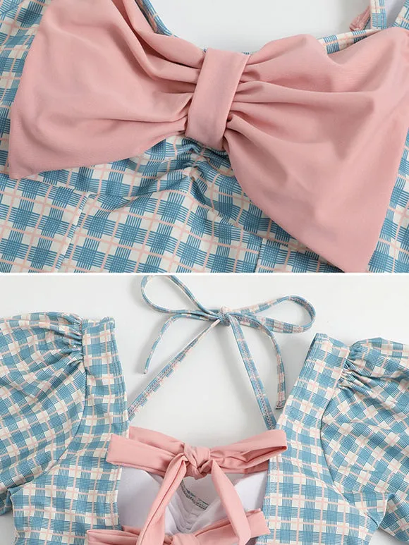 Sweet Lolita Outfits Light Sky Blue Plaid Bows Ruffles Short Sleeves Jumpsuit