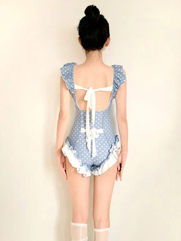 Sweet Lolita Swimsuit Light Sky Blue Bows Ruffles Polka Dot Sleeveless Jumpsuit