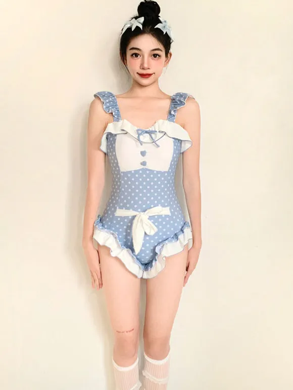 Sweet Lolita Swimsuit Light Sky Blue Bows Ruffles Polka Dot Sleeveless Jumpsuit