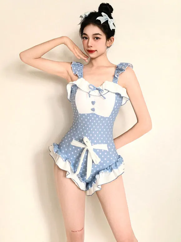 Sweet Lolita Swimsuit Light Sky Blue Bows Ruffles Polka Dot Sleeveless Jumpsuit