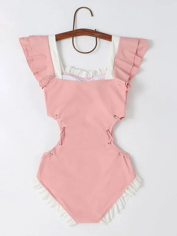 Sweet Lolita Swimsuit Pink Ruffles Bows Lace Up Sleeveless Jumpsuit