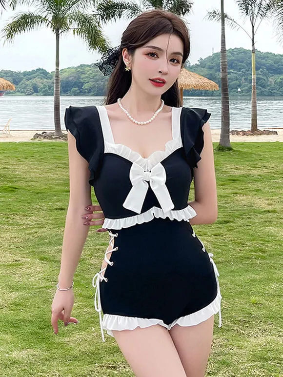 Sweet Lolita Swimsuit Pink Ruffles Bows Lace Up Sleeveless Jumpsuit
