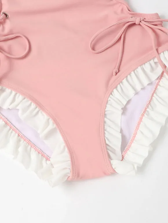 Sweet Lolita Swimsuit Pink Ruffles Bows Lace Up Sleeveless Jumpsuit