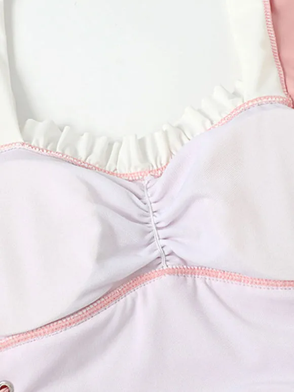 Sweet Lolita Swimsuit Pink Ruffles Bows Lace Up Sleeveless Jumpsuit