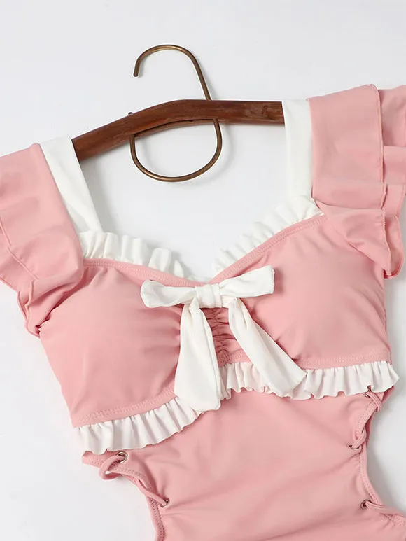 Sweet Lolita Swimsuit Pink Ruffles Bows Lace Up Sleeveless Jumpsuit