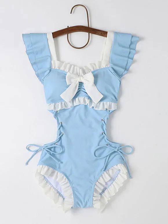 Sweet Lolita Swimsuit Pink Ruffles Bows Lace Up Sleeveless Jumpsuit