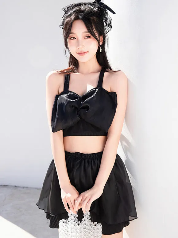 Sweet Lolita Swimsuits Black Bows Ruffles Sleeveless Skirt Top