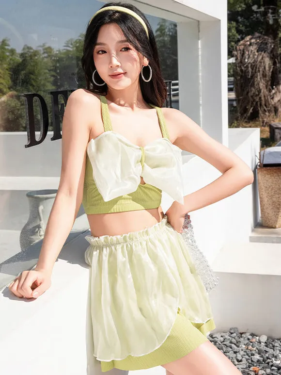 Sweet Lolita Swimsuits Black Bows Ruffles Sleeveless Skirt Top