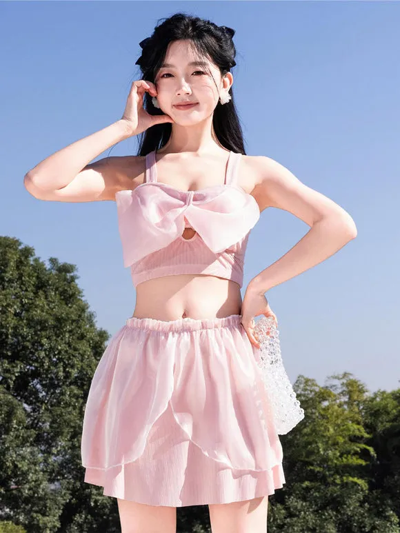 Sweet Lolita Swimsuits Black Bows Ruffles Sleeveless Skirt Top