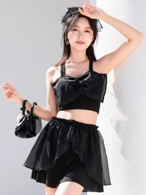 Sweet Lolita Swimsuits Black Bows Ruffles Sleeveless Skirt Top
