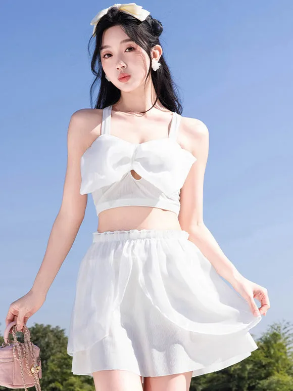 Sweet Lolita Swimsuits Black Bows Ruffles Sleeveless Skirt Top
