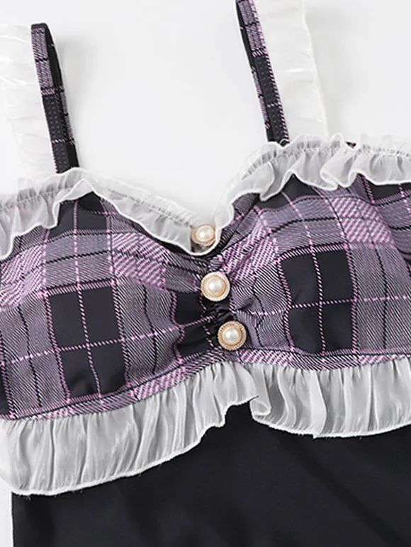 Sweet Lolita Swimsuits Black Ruffles Plaid Sleeveless One Piece