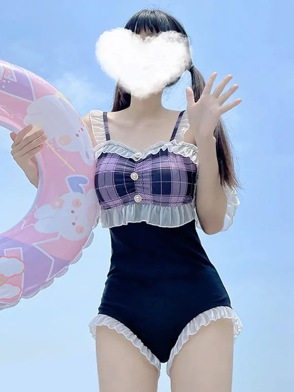 Sweet Lolita Swimsuits Black Ruffles Plaid Sleeveless One Piece
