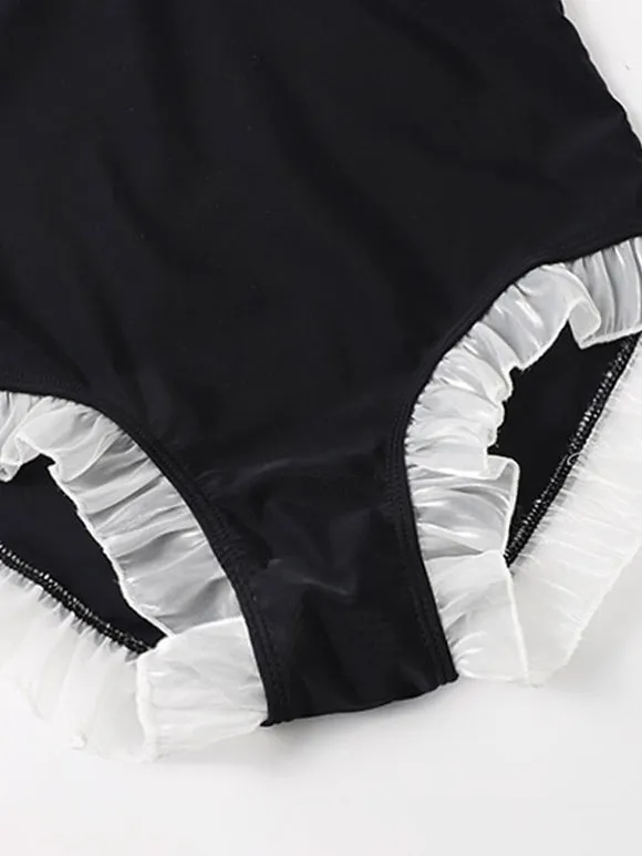 Sweet Lolita Swimsuits Black Ruffles Plaid Sleeveless One Piece
