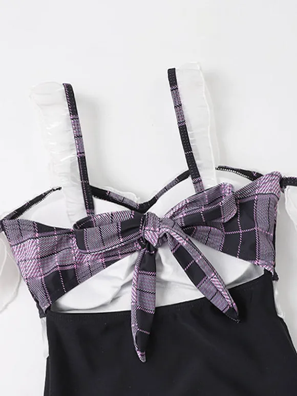 Sweet Lolita Swimsuits Black Ruffles Plaid Sleeveless One Piece