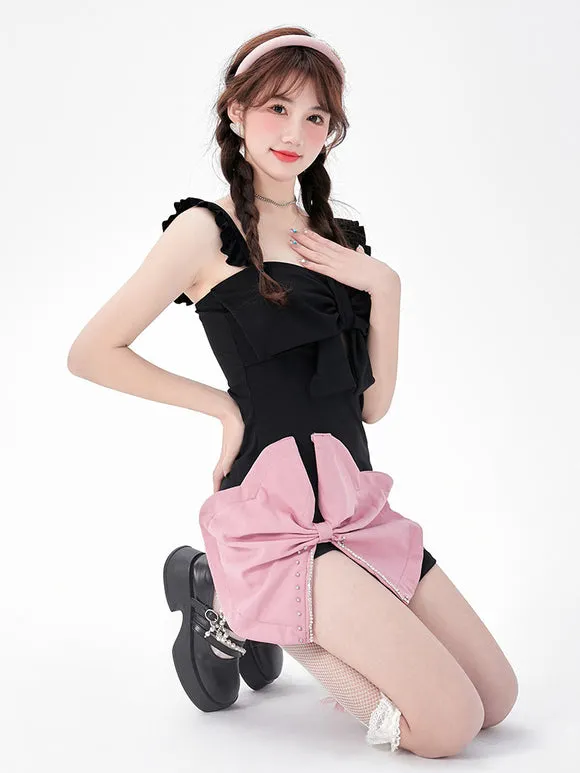 Sweet Lolita Swimsuits Black Ruffles Bows Sleeveless Dress Pants