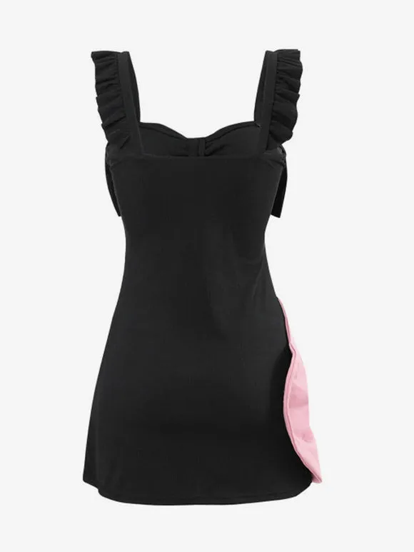 Sweet Lolita Swimsuits Black Ruffles Bows Sleeveless Dress Pants