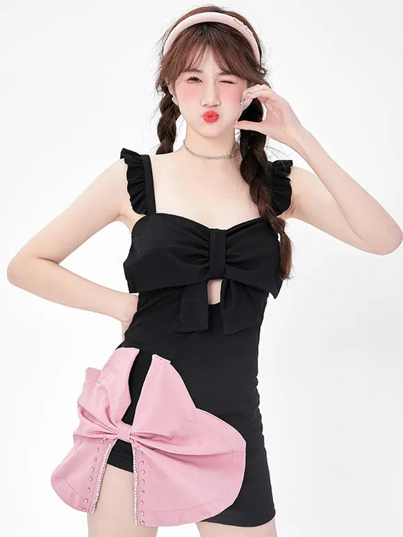 Sweet Lolita Swimsuits Black Ruffles Bows Sleeveless Dress Pants