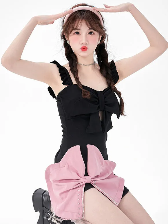 Sweet Lolita Swimsuits Black Ruffles Bows Sleeveless Dress Pants