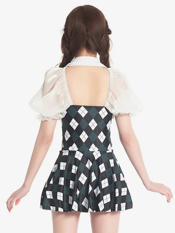 Sweet Lolita Swimsuits Dark Green Plaid Bows Ruffles Short Sleeves Dress