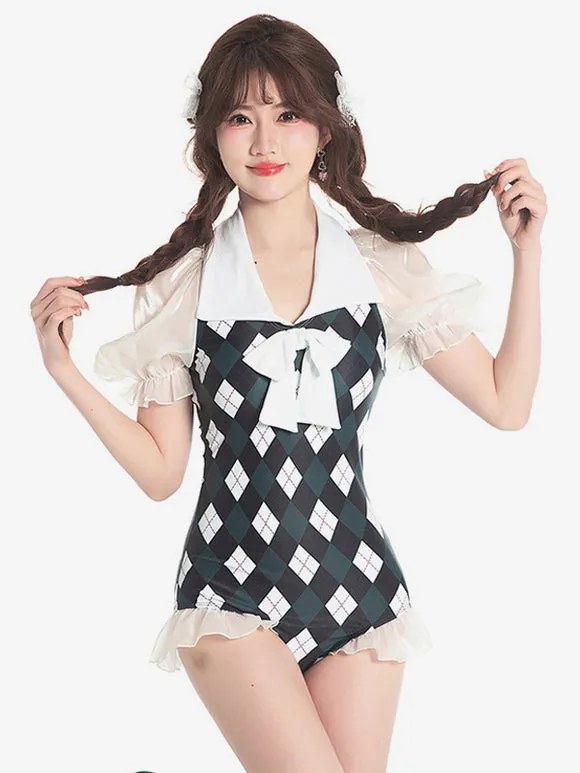 Sweet Lolita Swimsuits Dark Green Plaid Bows Ruffles Short Sleeves Dress