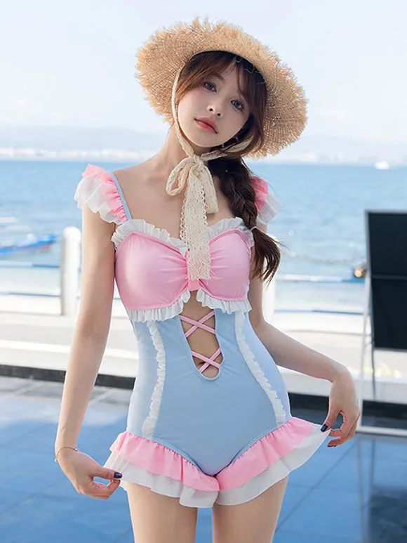 Sweet Lolita Swimsuits Pink Ruffles Bows Color Block Sleeveless Jumpsuit
