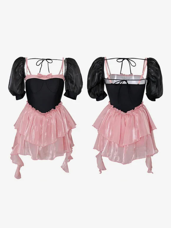 Sweet Lolita Swimsuits Pink Tiered Bows Sleeveless Jumpsuit